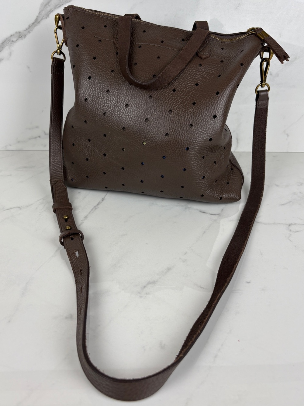 Madewell The Transport Crossbody Bag Geo Holepunch Perforated Leather Brown GUC